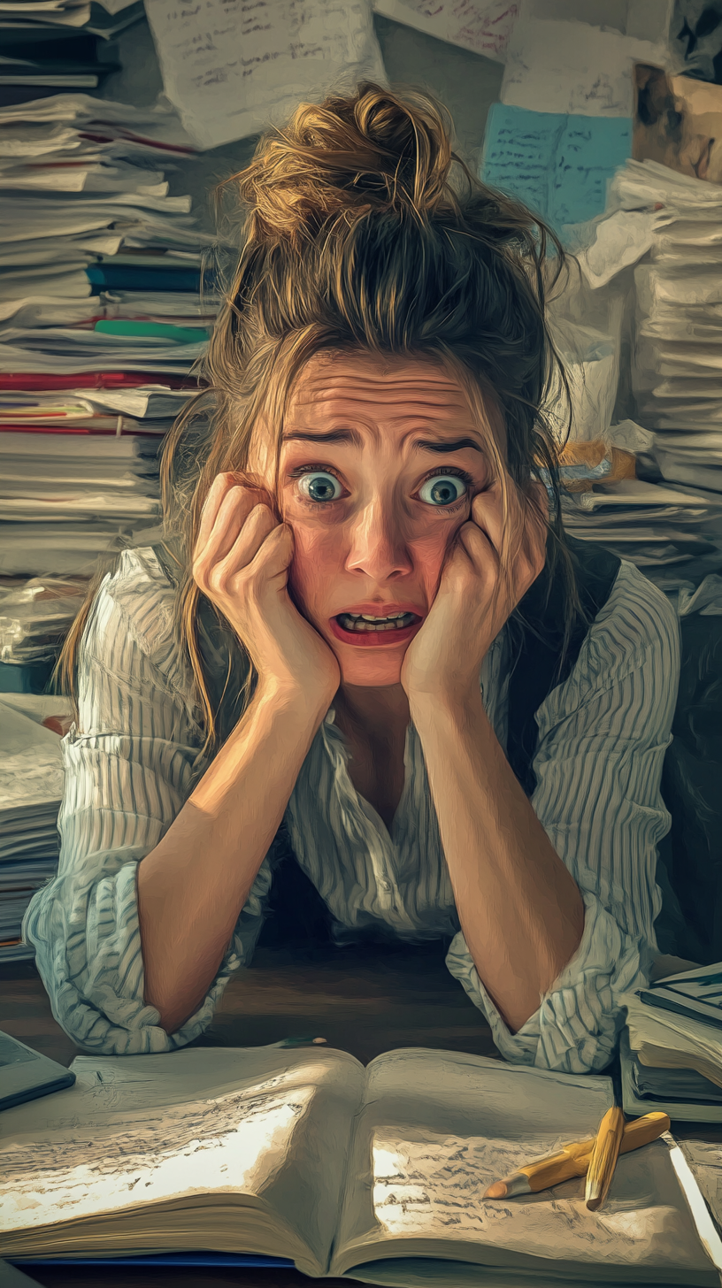 Stressed person nervously biting nails in cluttered office.