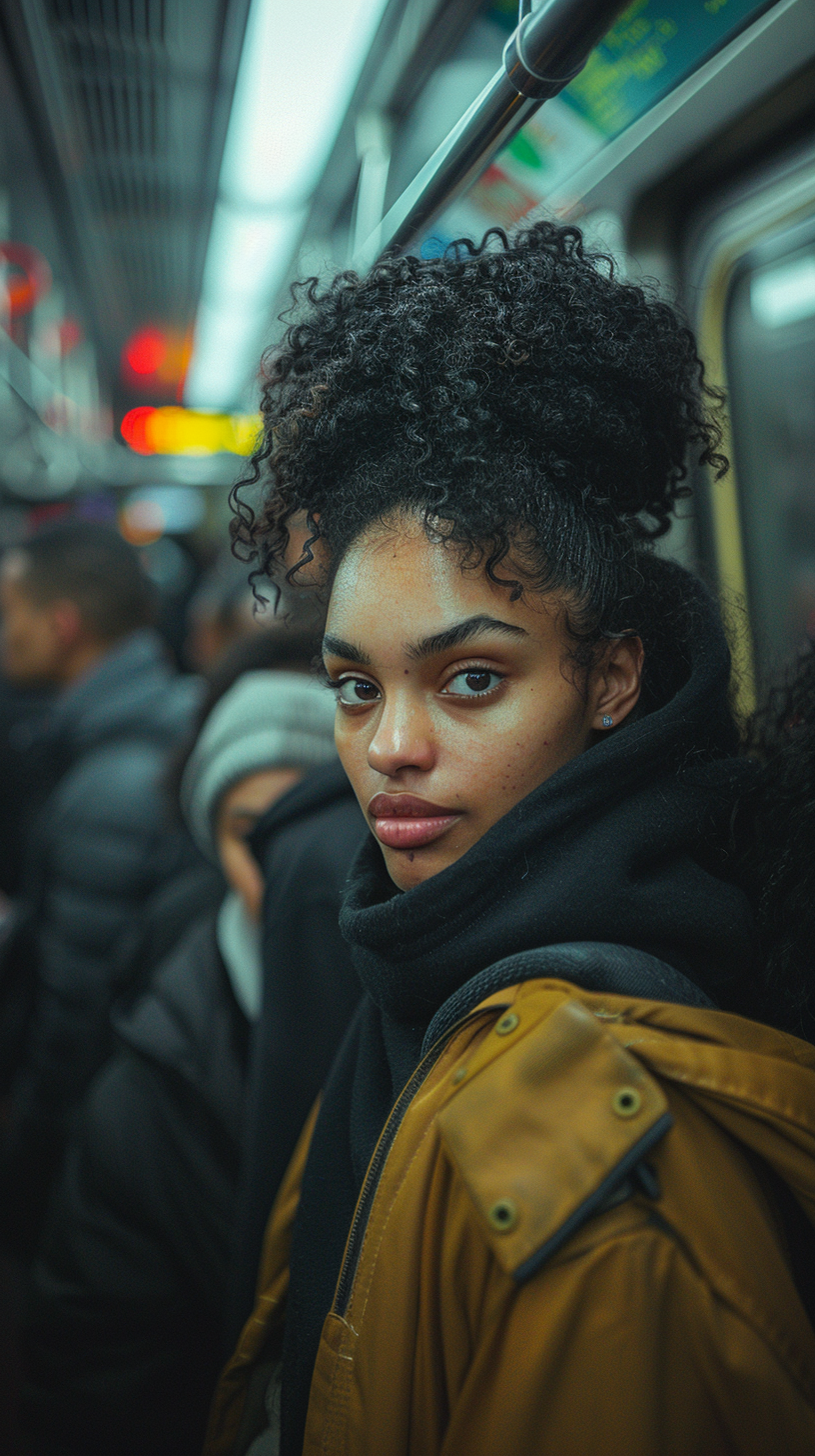 Stressed woman on NYC subway, others on phones.