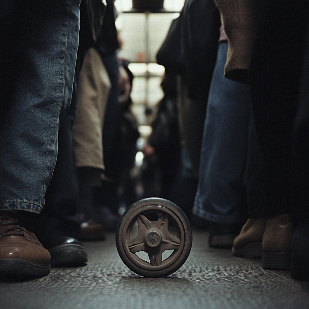 Stroller Wheel in Crowded Bus: Cinematic Close-up