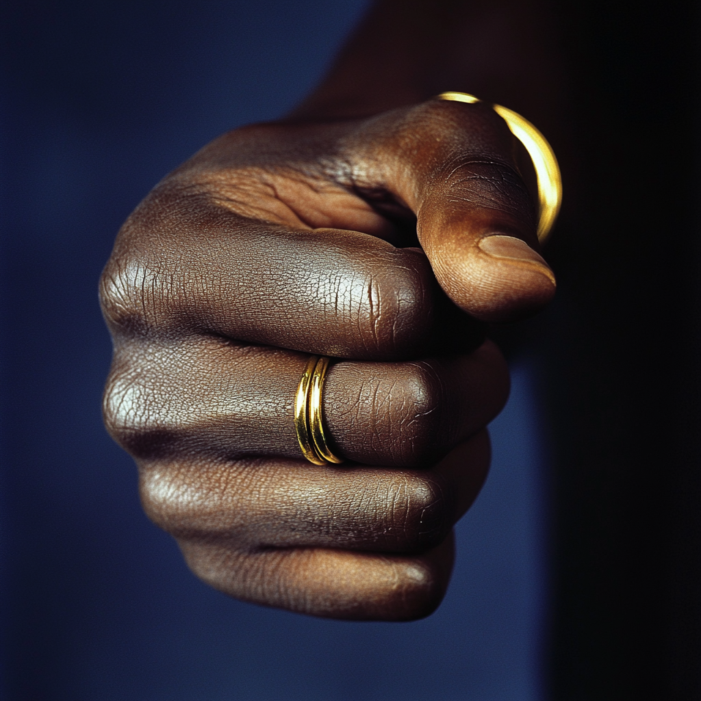 Strong African man's hand with golden rings and bracelet