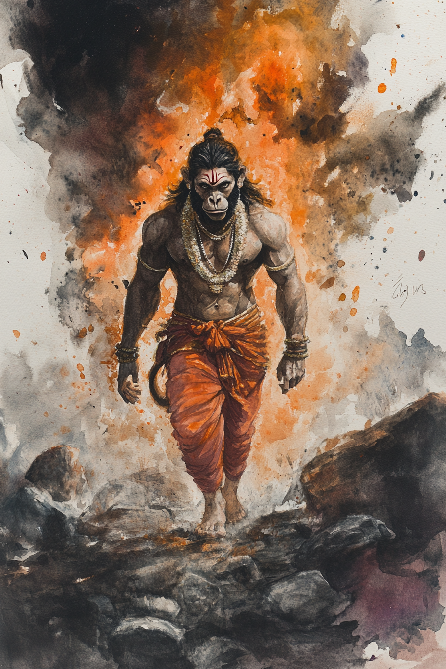 Strong Hanuman walking from burning Lanka, toned muscles showing.