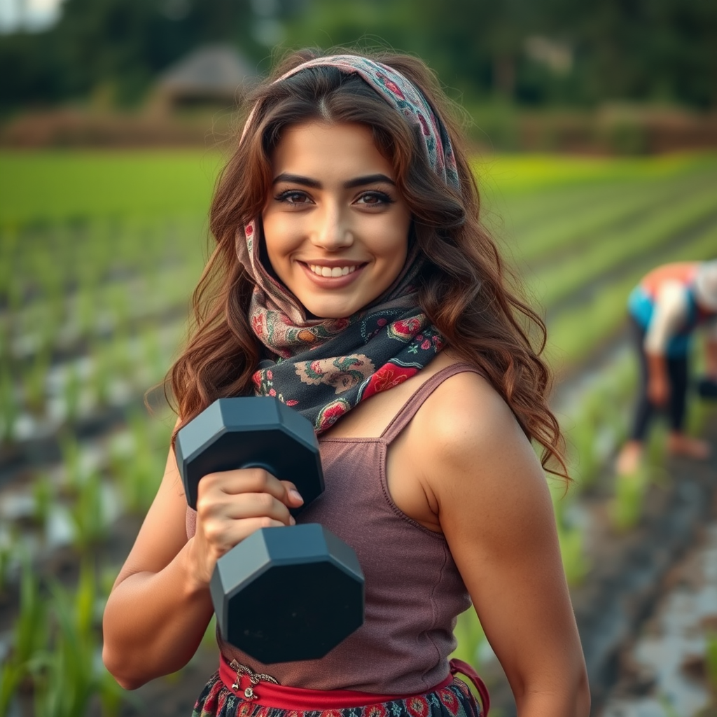 Strong Iranian Girl Helps Plant in Paddy Field