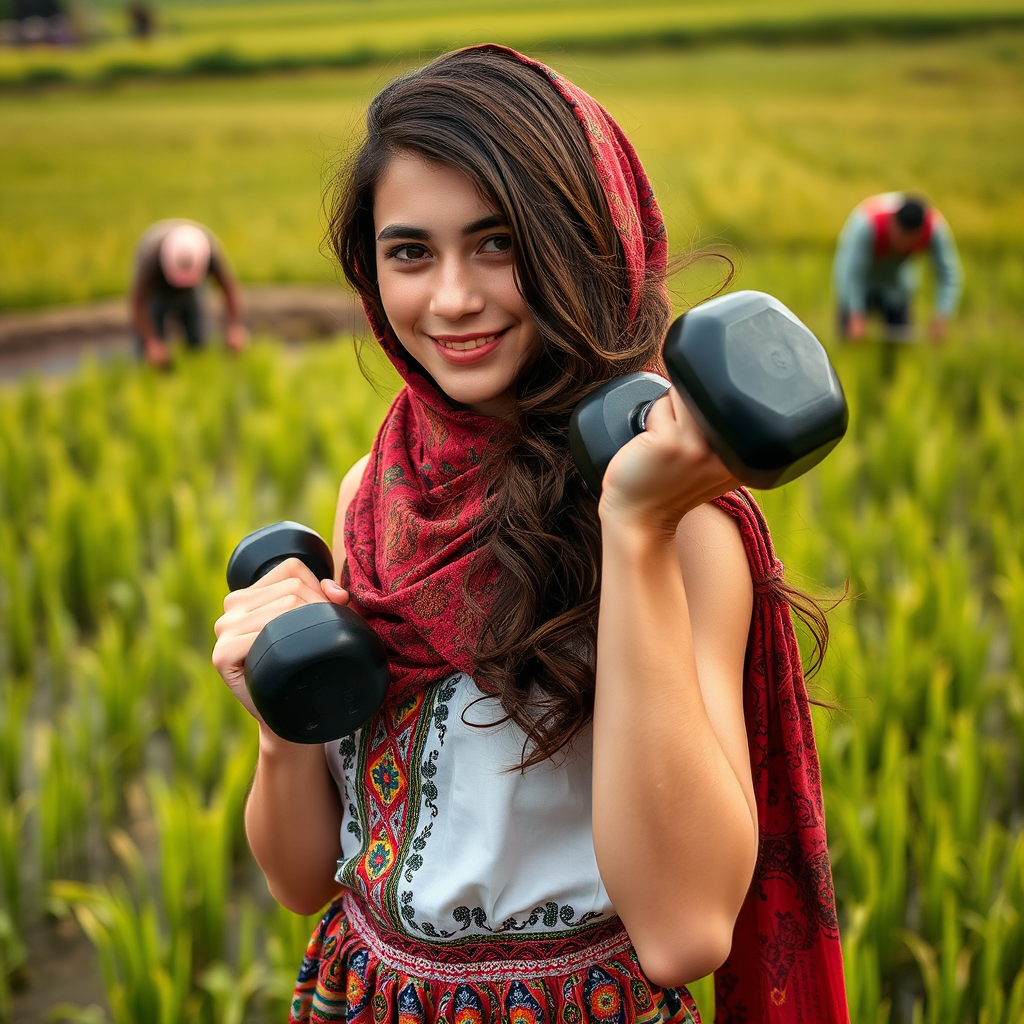 Strong Iranian girl in traditional dress lifting dumbbell.