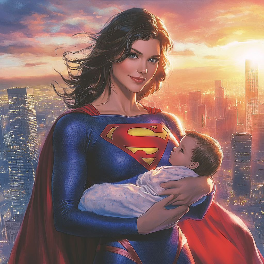 Strong Motherly Superman holding baby with flowing cape. Twilight Metropolis.