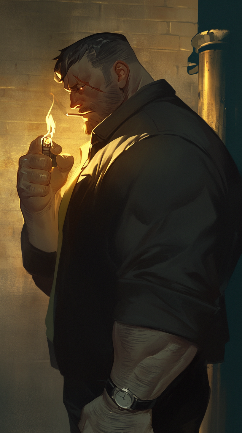 Strong Policeman in Dark Alley Lights Cigarette