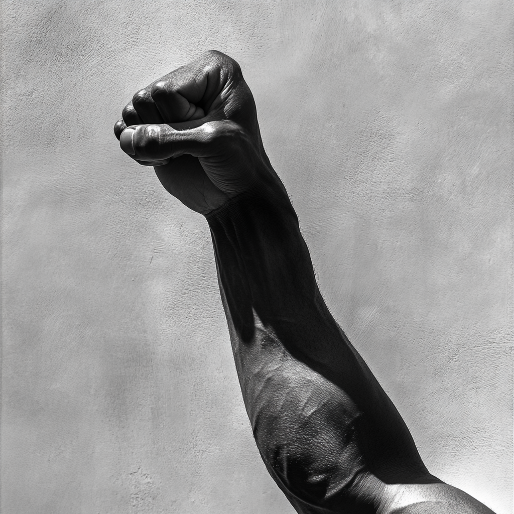 Strong arm raised in black and white