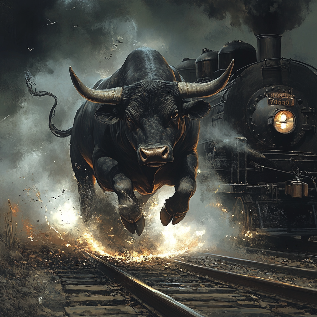 Strong black bull crushes train on railway, durable unscratched.