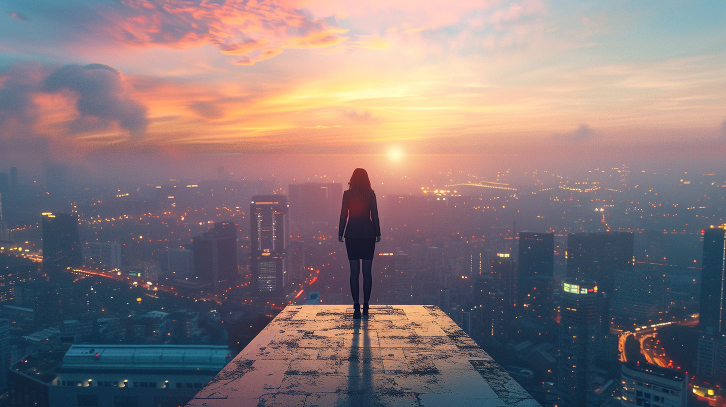 Strong businesswoman overlooking glowing city skyline from rooftop.