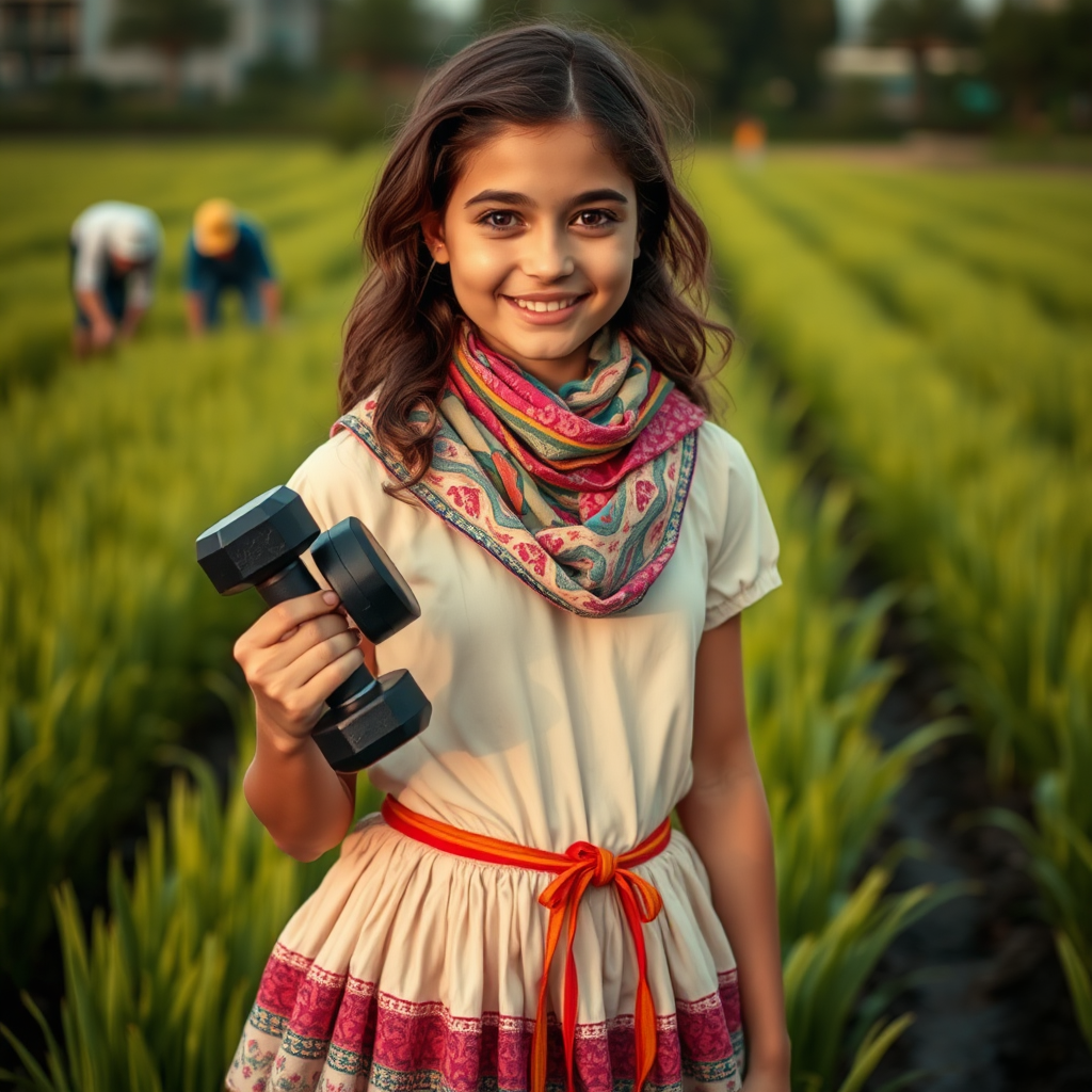 Strong girl in Iranian clothes holding dumbbell.