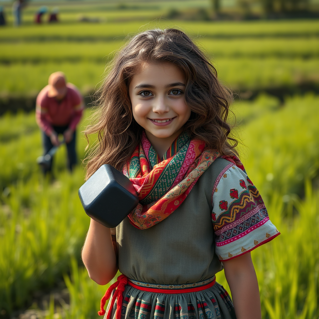 Strong girl in traditional Iranian dress holds dumbbell.