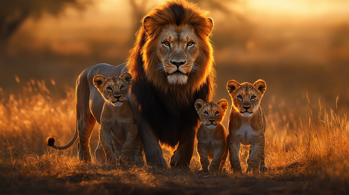 Strong lion couple with cubs, showing unity and resilience.