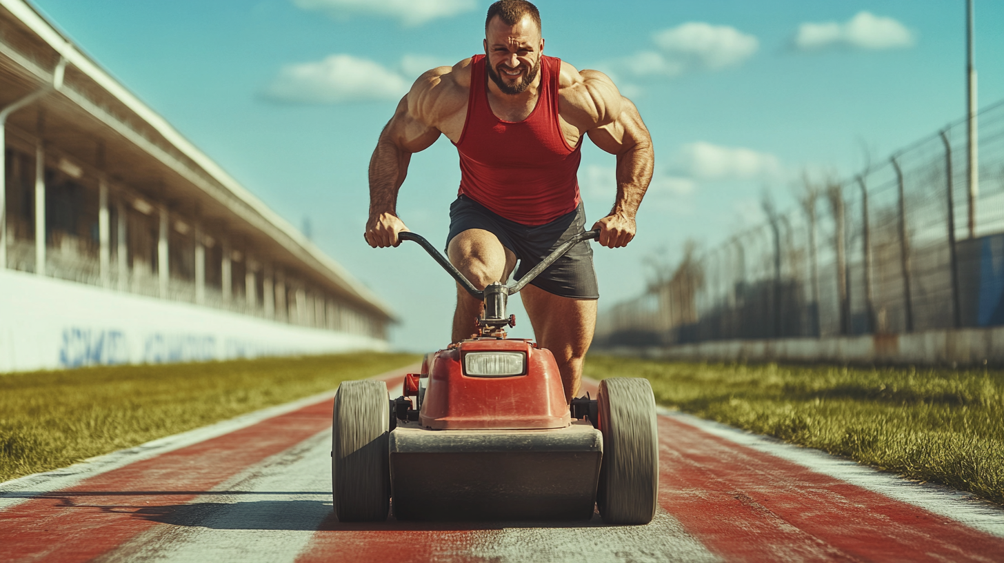 Strong man happily mowing grass at race track.