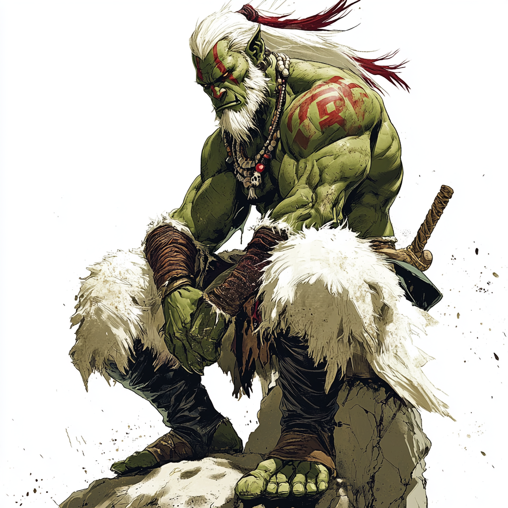 Strong orc with red tattoos in Asian outfit on rock.