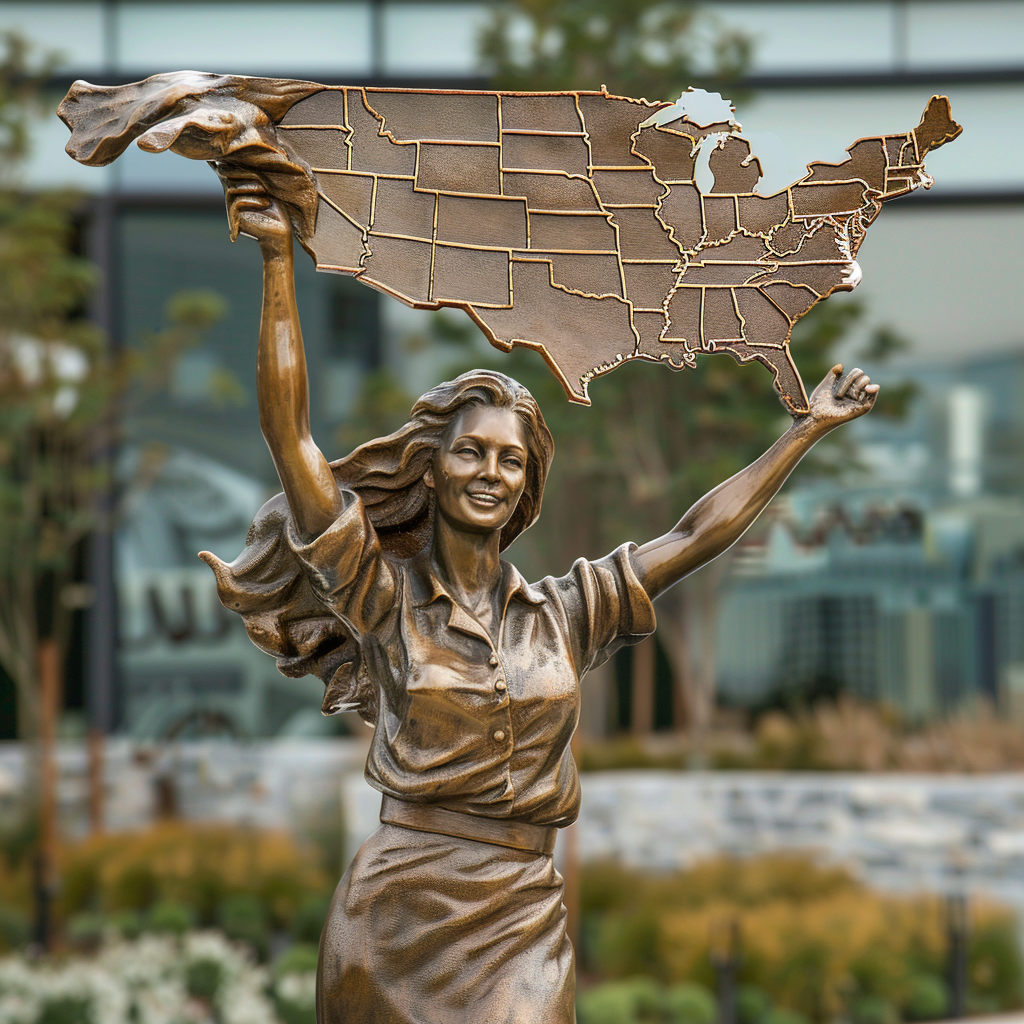 Strong woman holding US map in futuristic attire, leadership symbol.