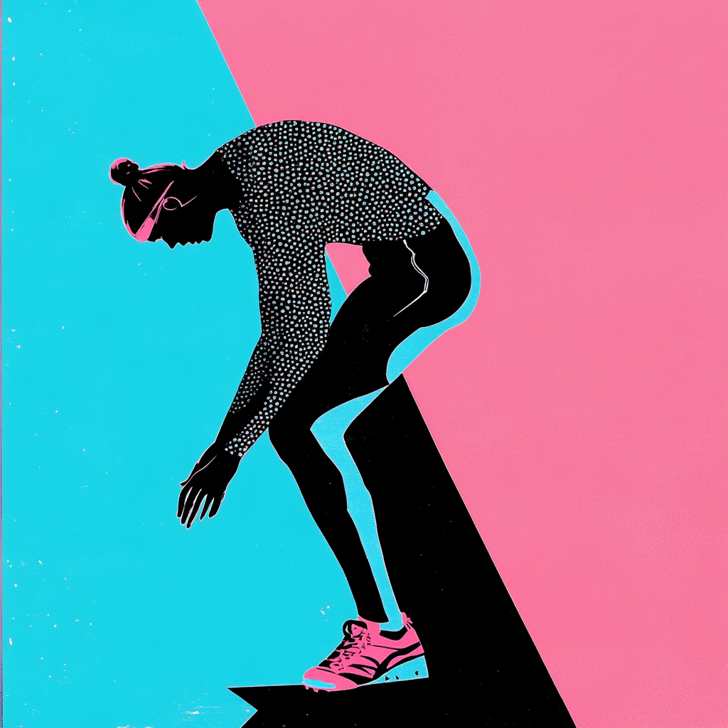 Struggling athlete in vibrant pink, blue, black collage.