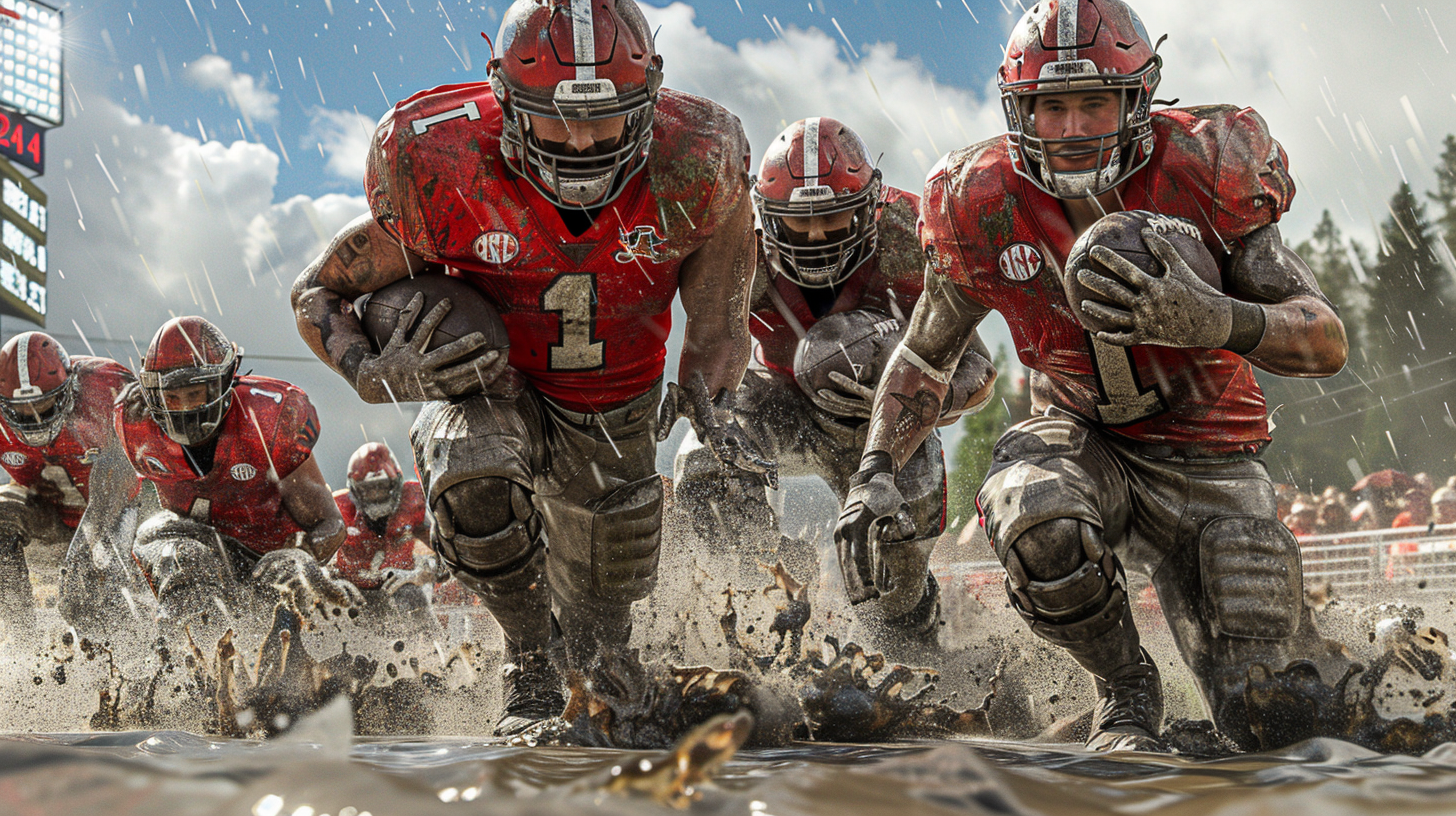 Struggling football team on rain-soaked field with tank.