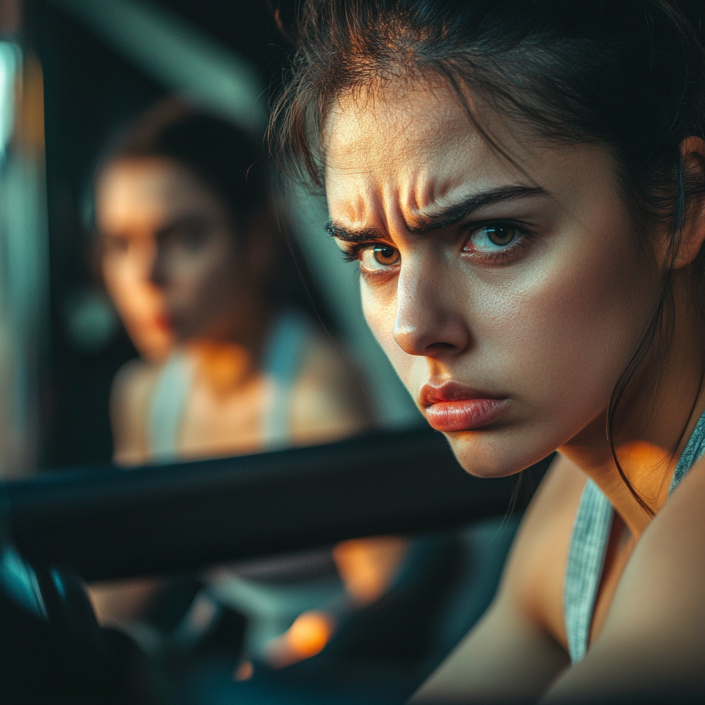 Struggling person looks at treadmill, future self energetic.