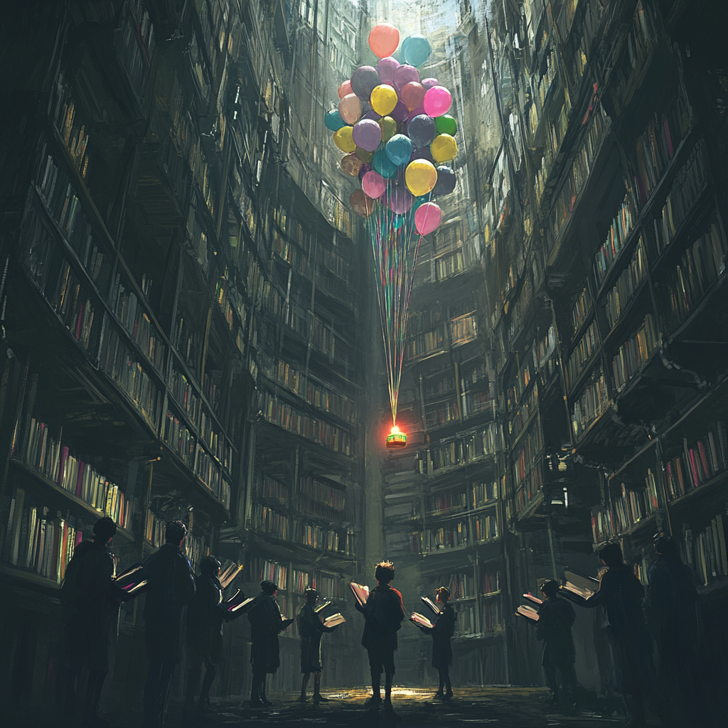 Student held up by balloons with vibrant book.