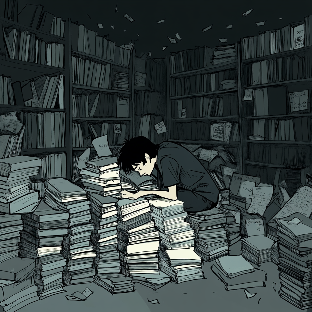 Student surrounded by grey books in dimly lit dorm.