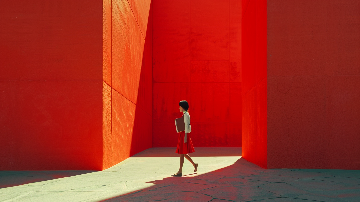 Student walking on book in colorful fantasy world.