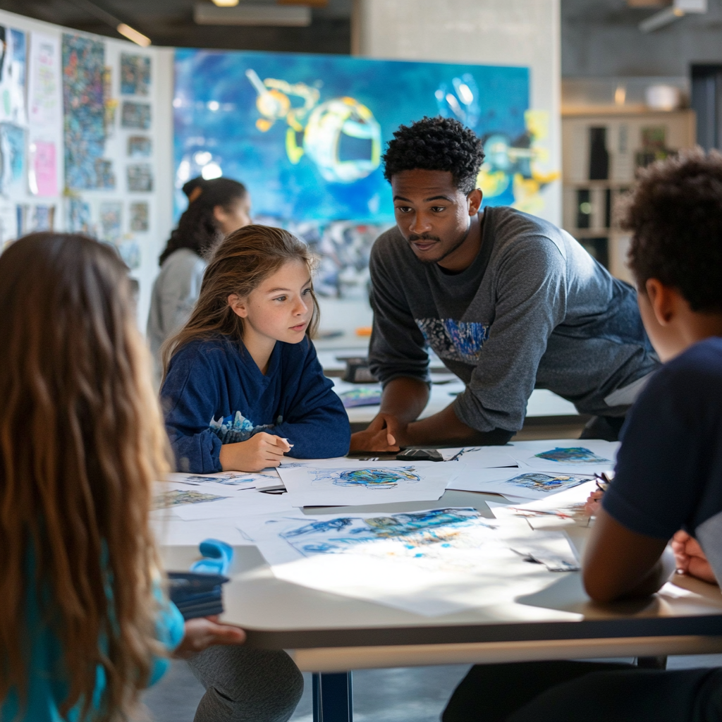 Students brainstorm futuristic ideas in vibrant classroom scene