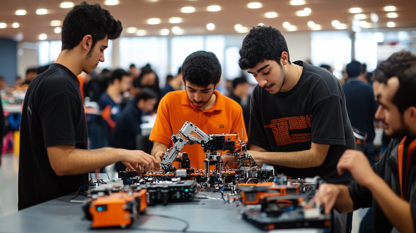 Students building robot in Türkiye robotics competition hall.