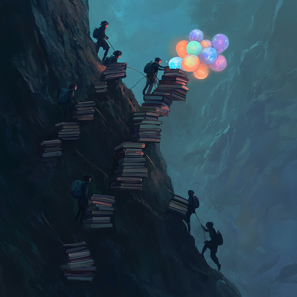 Students climbing steep mountain with heavy piles of books.