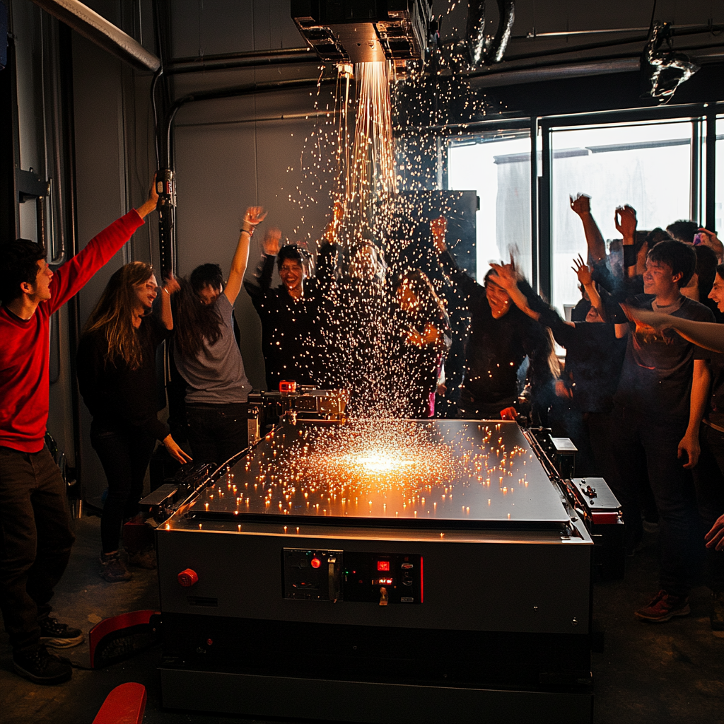 Students happily dancing around laser cutter fire at MIT workshop.