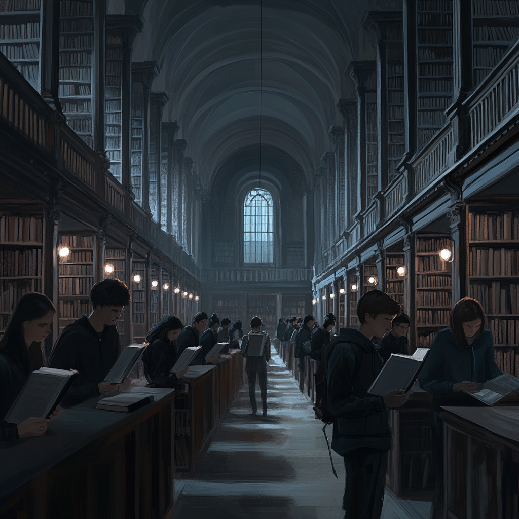 Students in a grey library holding grey books stare.