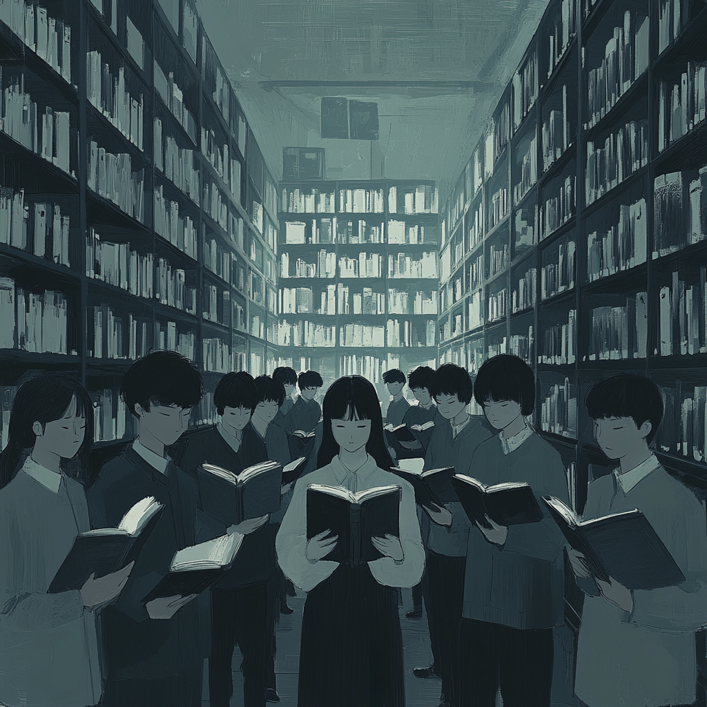 Students in grey library stare intently at classmate.