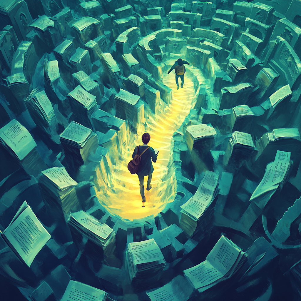 Students lost in maze, one guided by bright book.