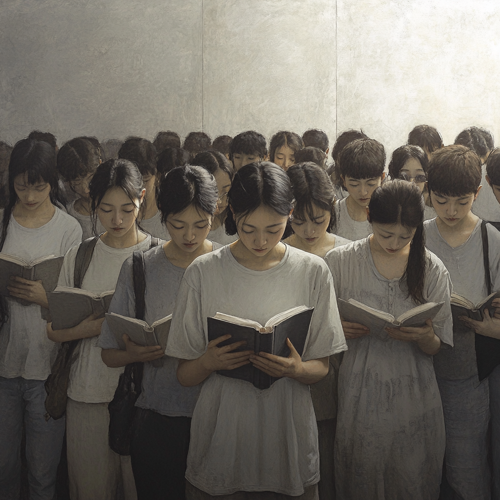 Students reading grey books in silent room.