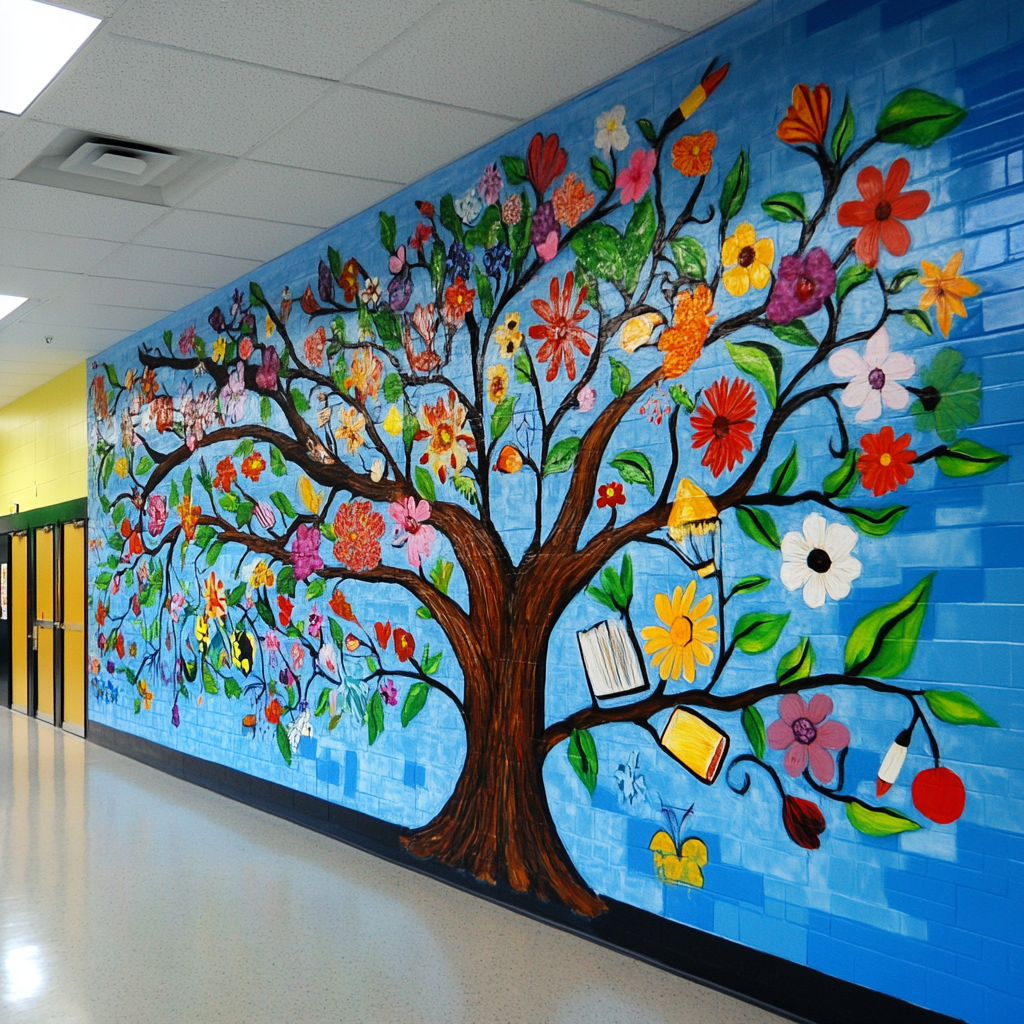 Students represented as trees, flowers, symbolizing growth, connection.