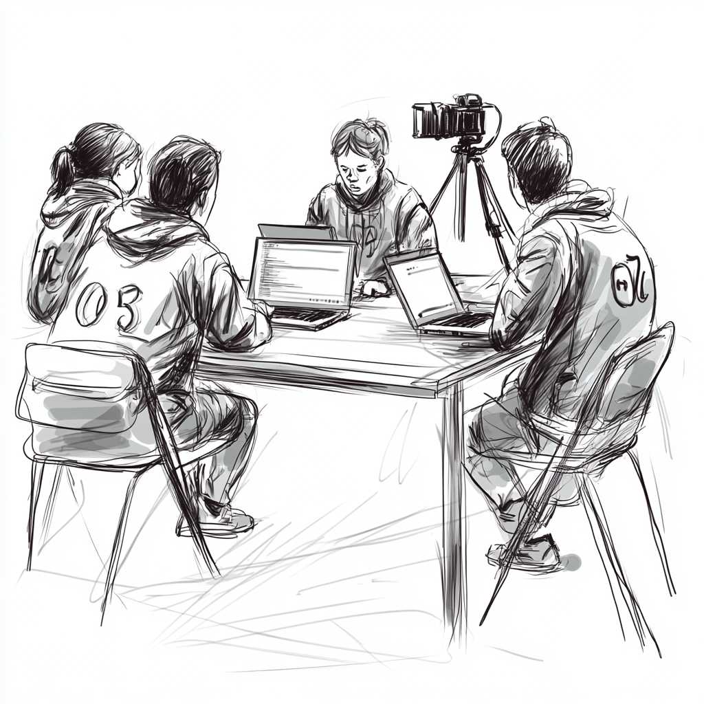 Students studying on desk with laptops, wearing uniforms.