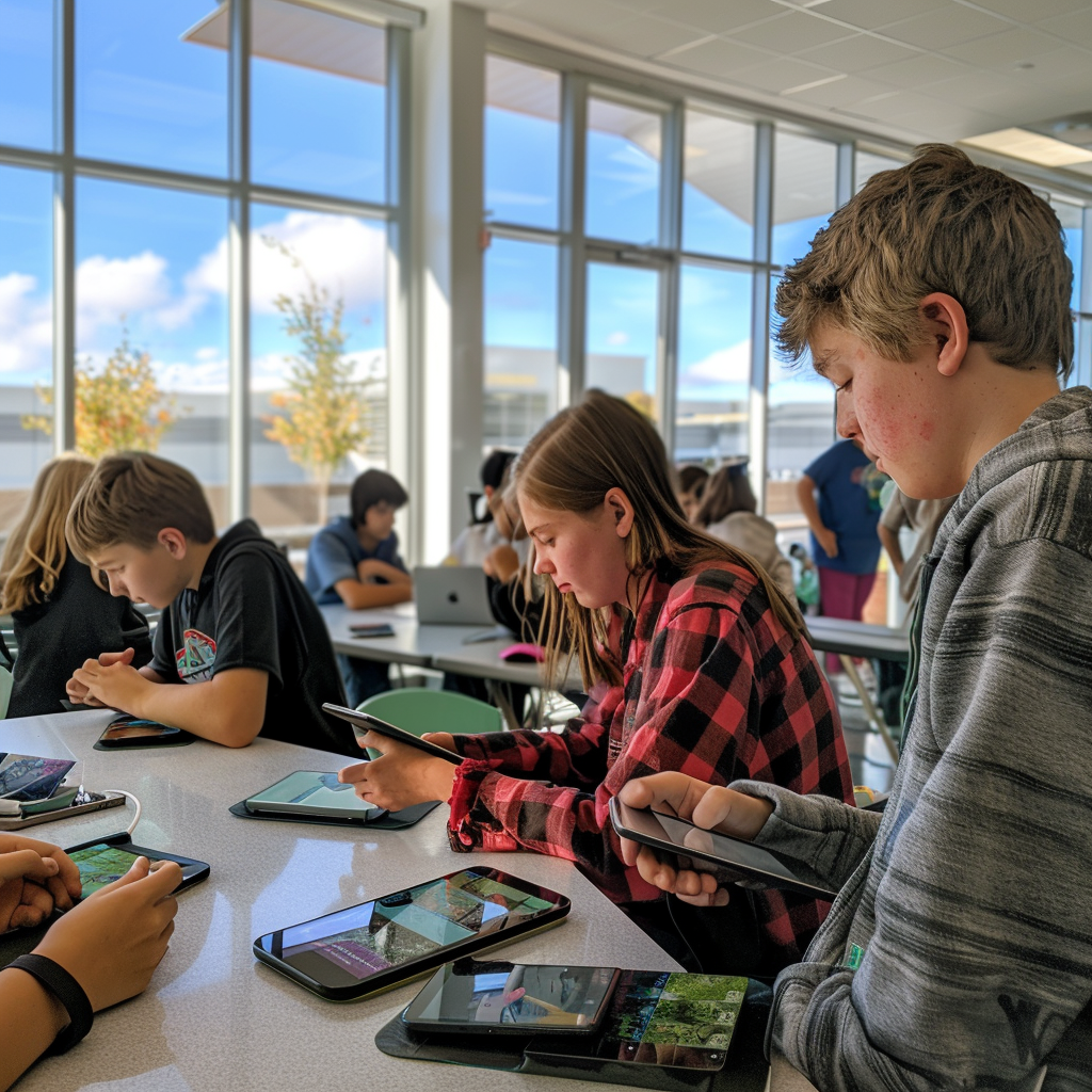 Students use tablets, smartphones in classroom with geospatial apps.