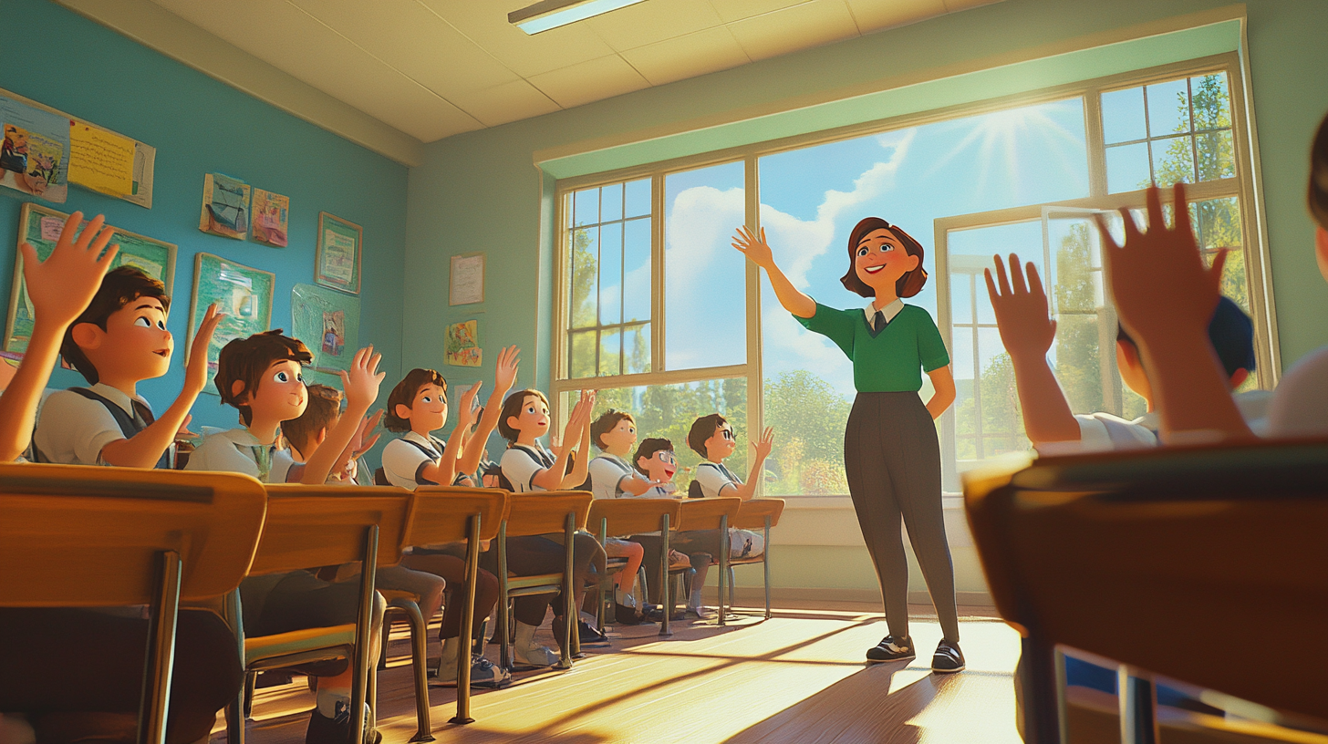 Students waving happily to teacher in 3D animation.