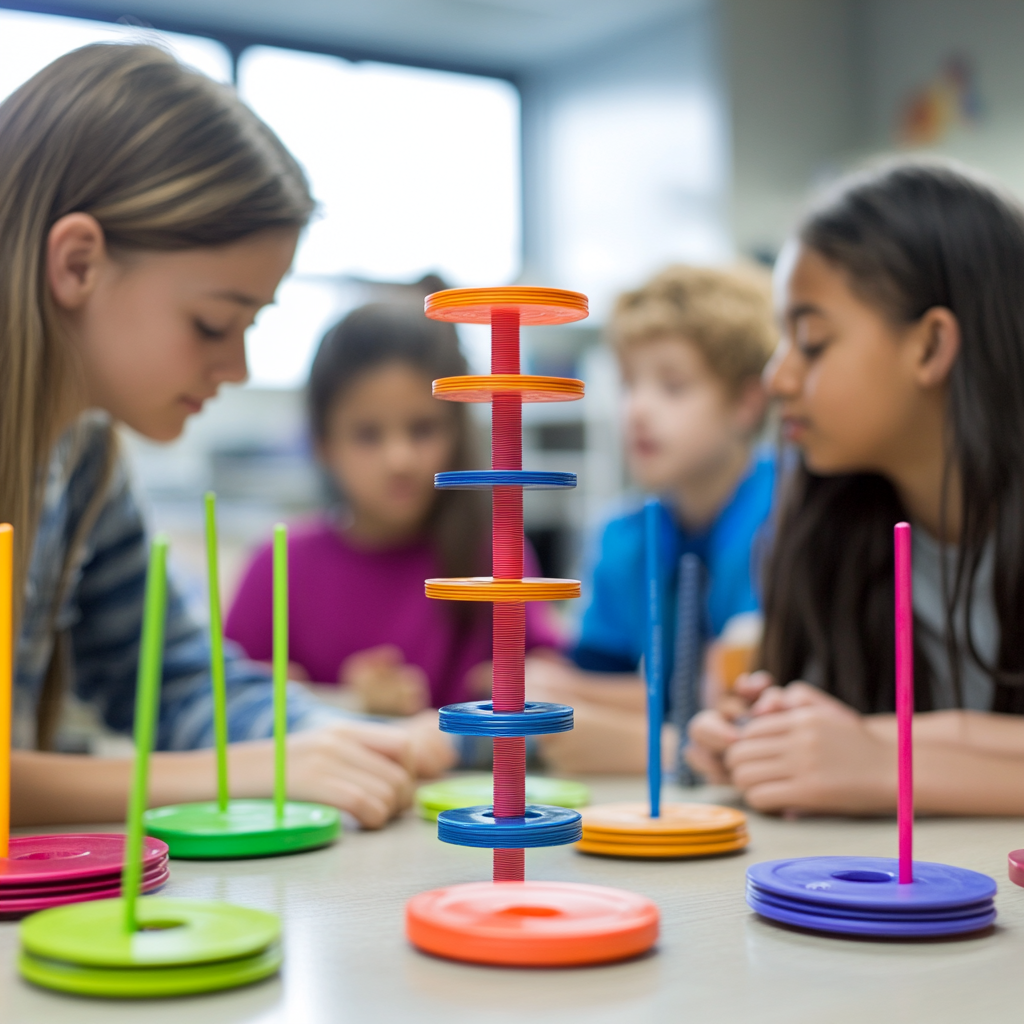 Students working together to solve a stacking challenge