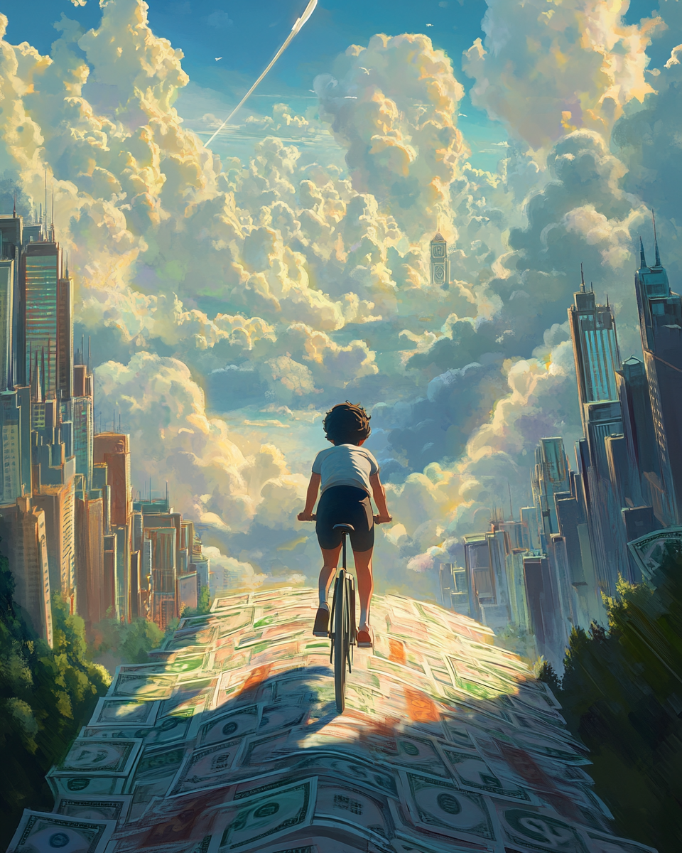 Studio Ghibli style animated film: bike rider, money road, London, sunny sky.