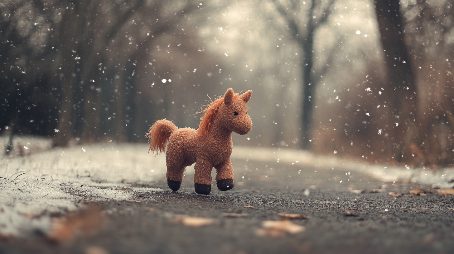 Stuffed Horse Toy Walking in Snowy Christmas Park