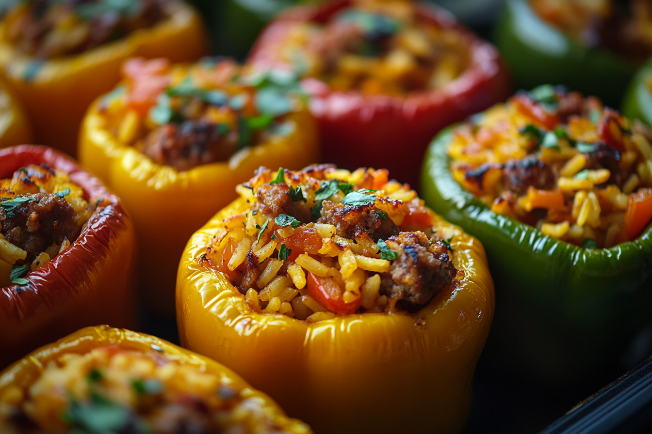 Stuffed Peppers close-up shot showing tempting ingredients.