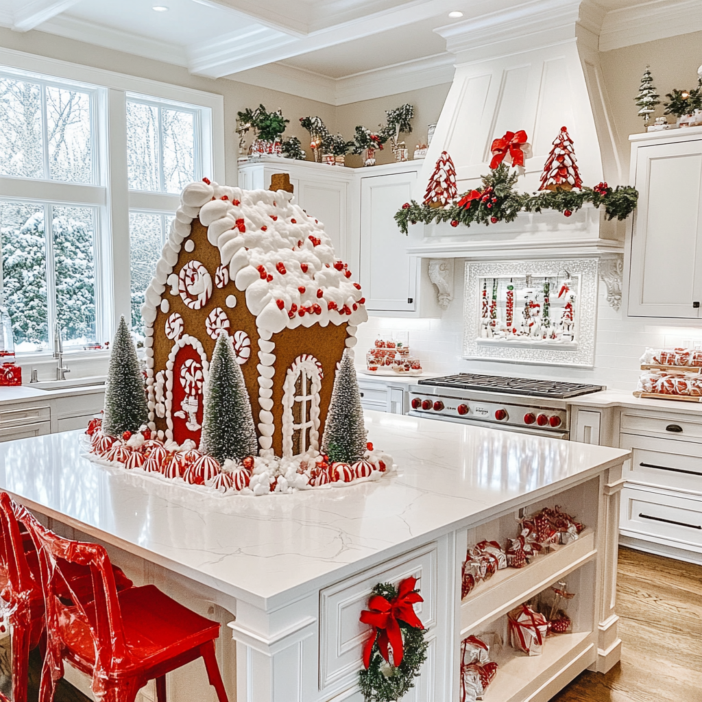 Stunning Christmas kitchen with gingerbread houses and decor.