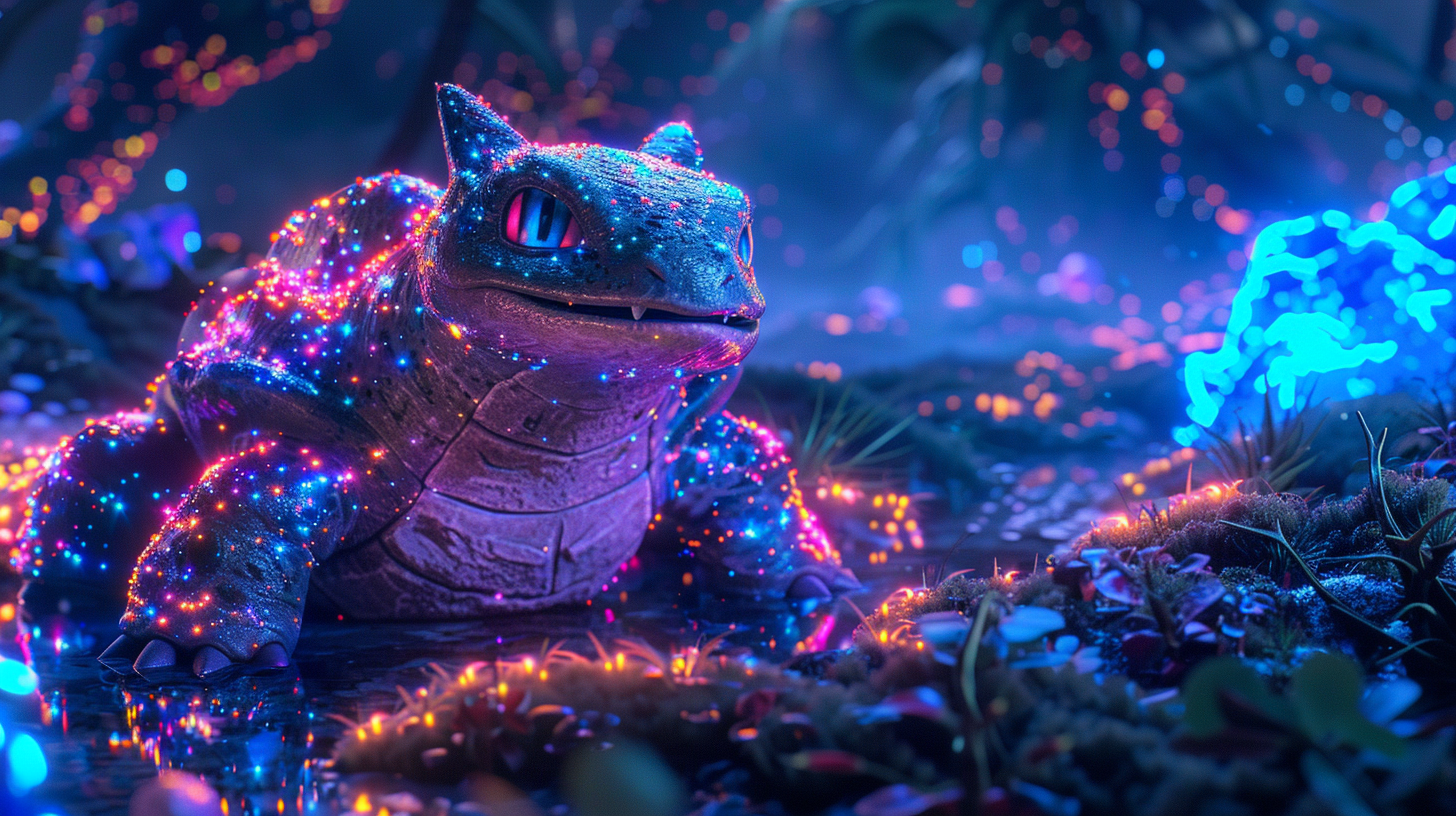 Stunning Neon Pokemon in Dreamy Landscape.