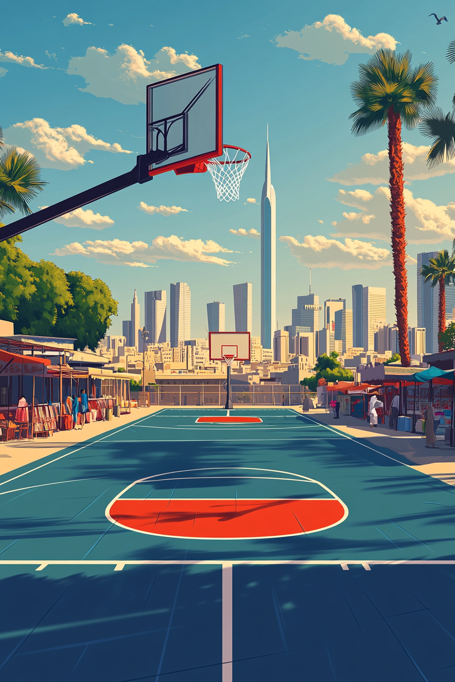 Stunning minimalist realism illustration of Kuwaiti basketball court.