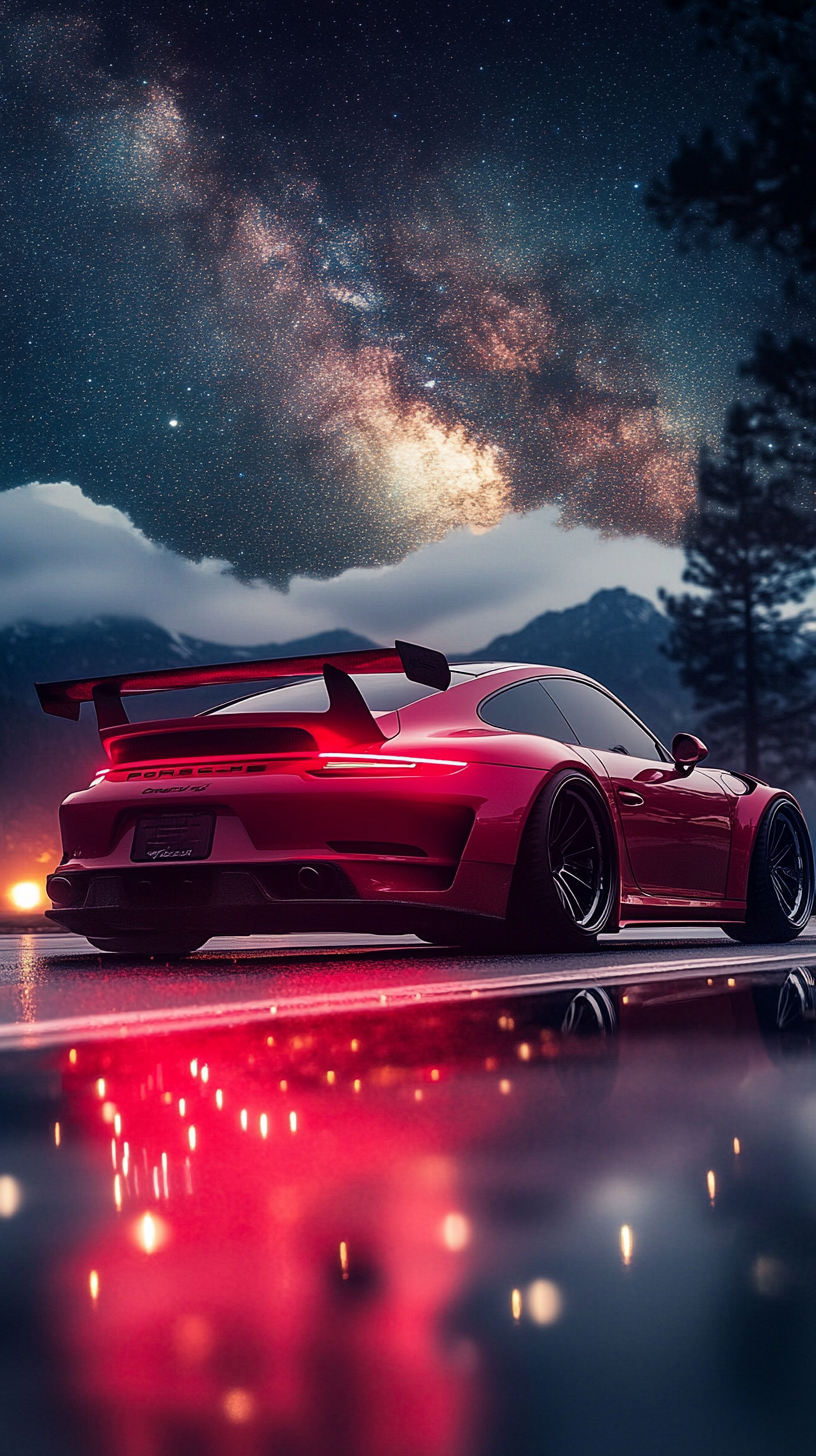 Stunning night time Porsche 911 car wallpaper. Beautiful Milkyway.