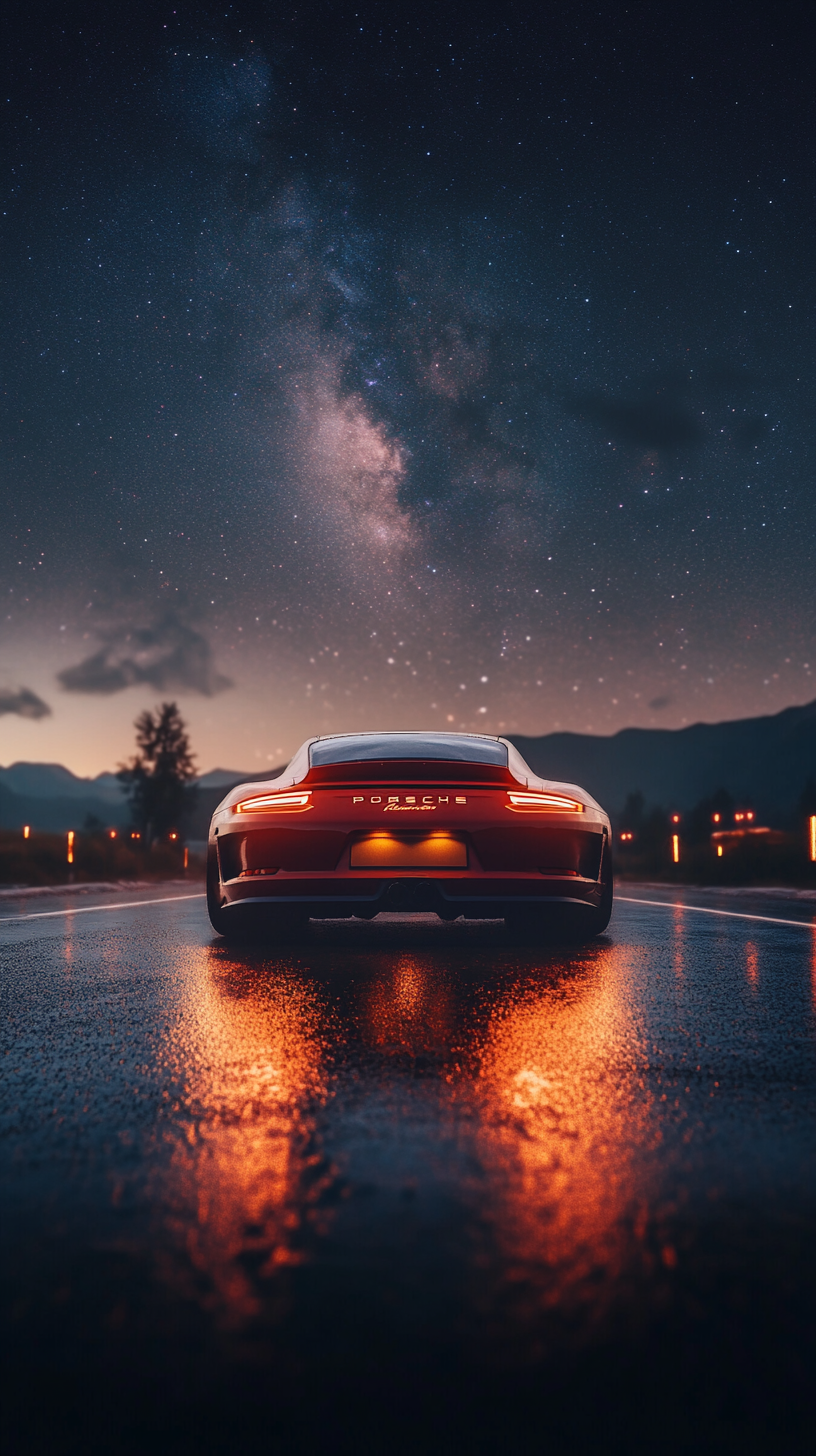 Stunning rear view image of porsche 911 at night.