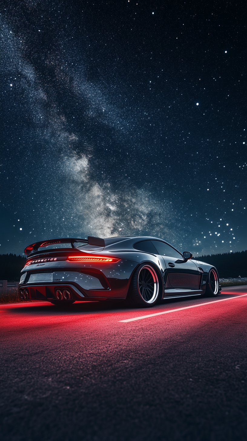 Stunning rear view wallpaper of wide body Porsche driving.