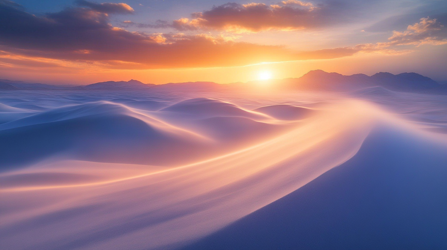 Stunning sunset across sand dunes, Ansel Adams style photo.