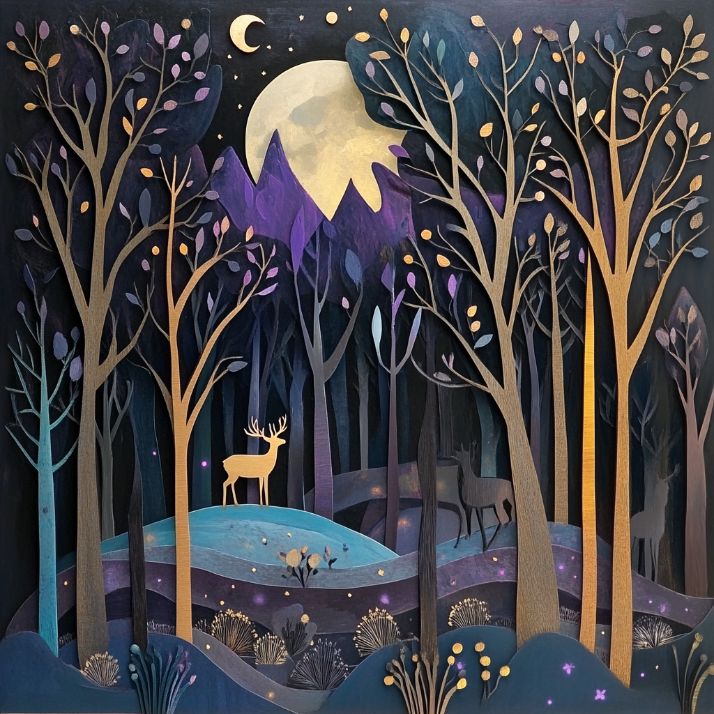 Stunning woodland scene with deer in moonlit forest.