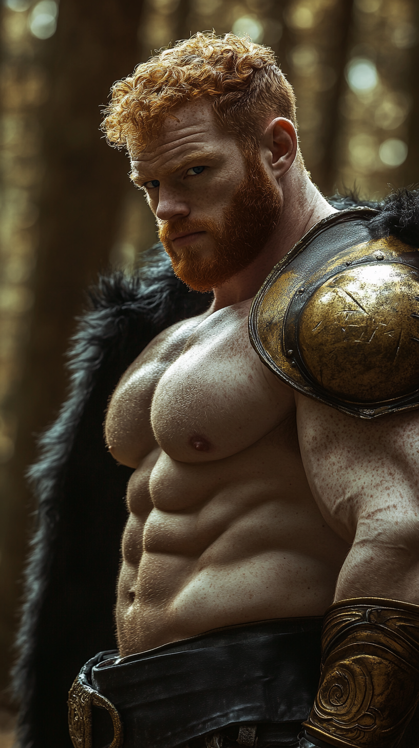 Stunningly handsome orc bodybuilder flexing in forest