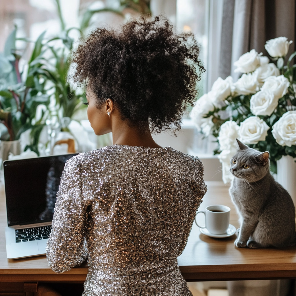 Stylish Black Woman in Home Office with Laptop and Cat 